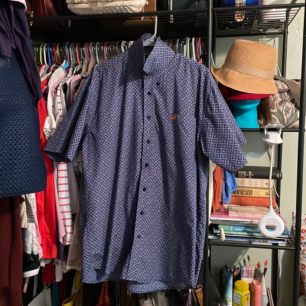 CINCH Mens L Blue/Orange/White Casual Short Sleeve Button Down Top 💙